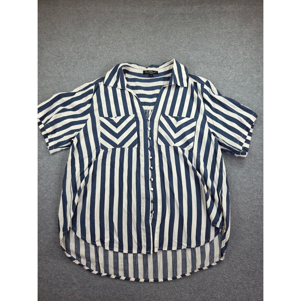Velvet Heart Los Angeles Blue White Striped Rayon Short Sleeve Button Down Top L